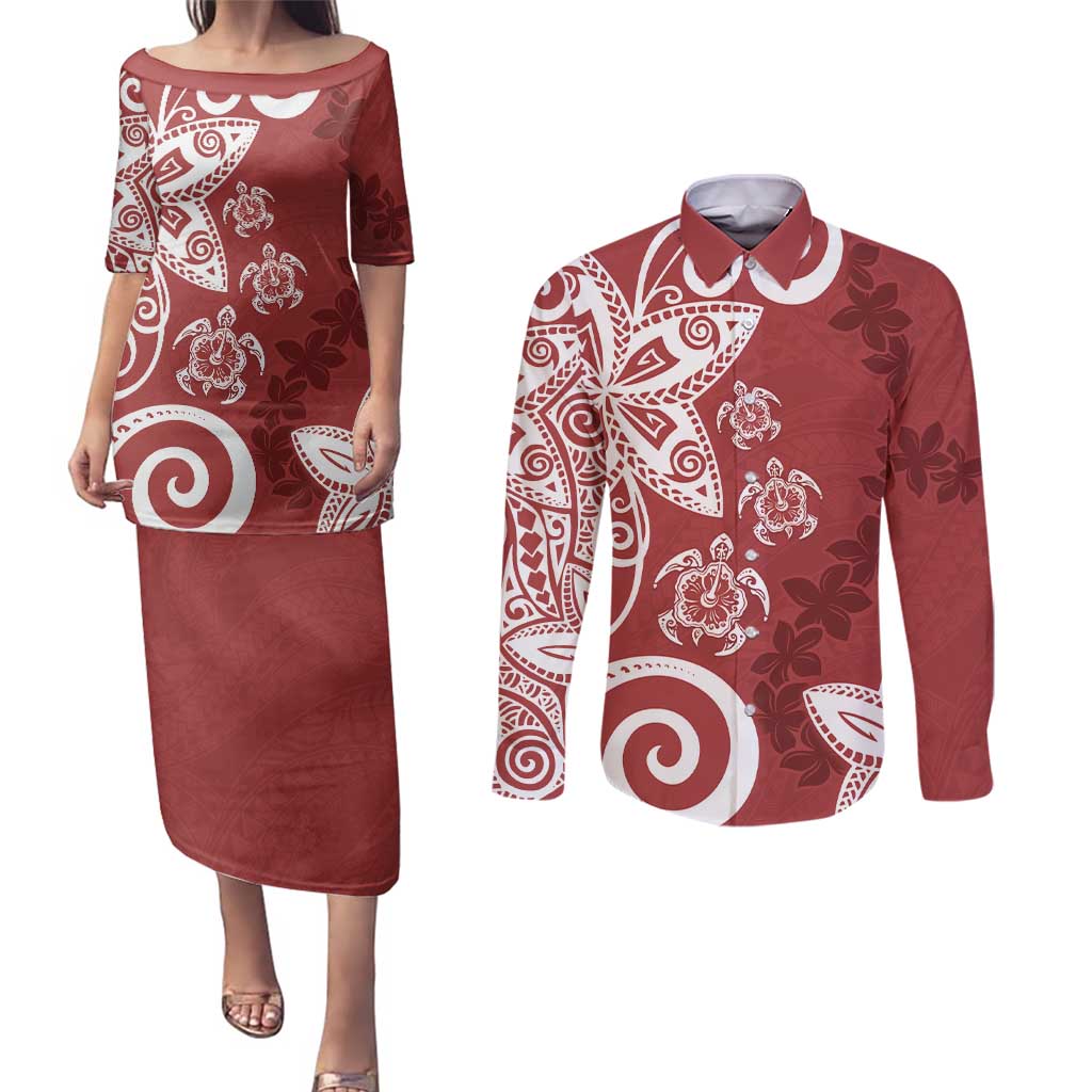 Polynesia Couples Matching Puletasi and Long Sleeve Button Shirt Red Tribal Turtle Floral Pattern LT05 Red - Polynesian Pride