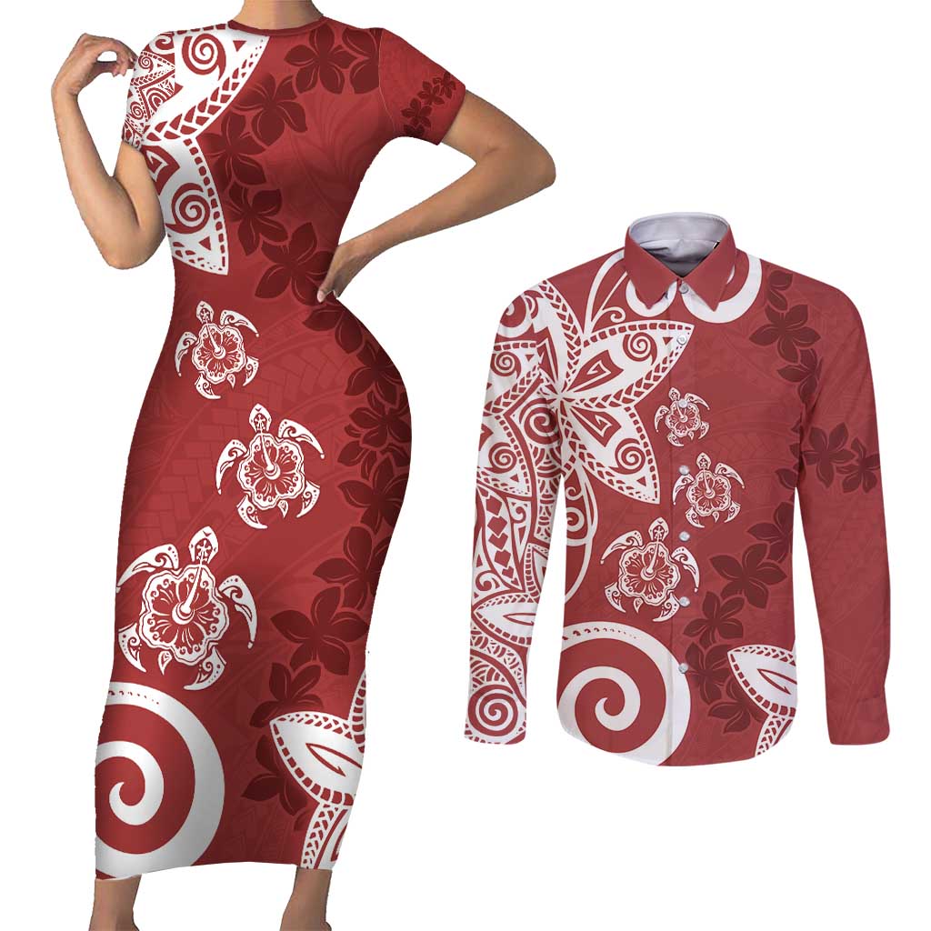 Polynesia Couples Matching Short Sleeve Bodycon Dress and Long Sleeve Button Shirt Red Tribal Turtle Floral Pattern LT05 Red - Polynesian Pride