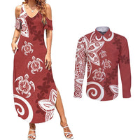 Polynesia Couples Matching Summer Maxi Dress and Long Sleeve Button Shirt Red Tribal Turtle Floral Pattern