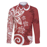 Polynesia Family Matching Off The Shoulder Long Sleeve Dress and Hawaiian Shirt Red Tribal Turtle Floral Pattern