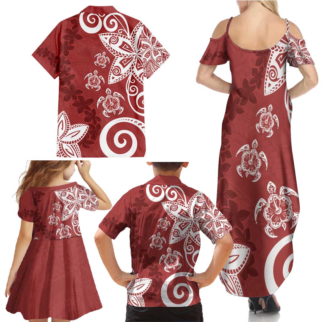 Polynesia Family Matching Summer Maxi Dress and Hawaiian Shirt Red Tribal Turtle Floral Pattern