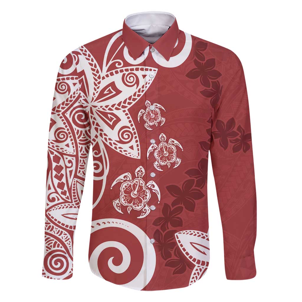 Polynesia Family Matching Tank Maxi Dress and Hawaiian Shirt Red Tribal Turtle Floral Pattern LT05 Dad's Shirt - Long Sleeve Red - Polynesian Pride