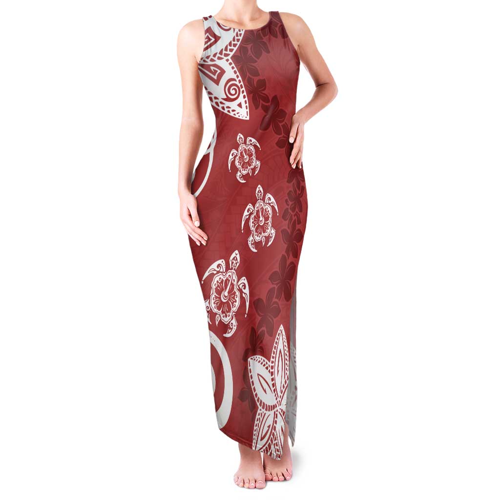 Polynesia Family Matching Tank Maxi Dress and Hawaiian Shirt Red Tribal Turtle Floral Pattern LT05 Mom's Dress Red - Polynesian Pride