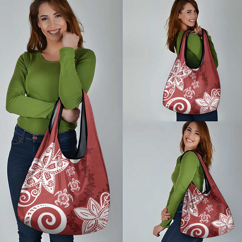 Polynesia Grocery Bag Red Tribal Turtle Floral Pattern