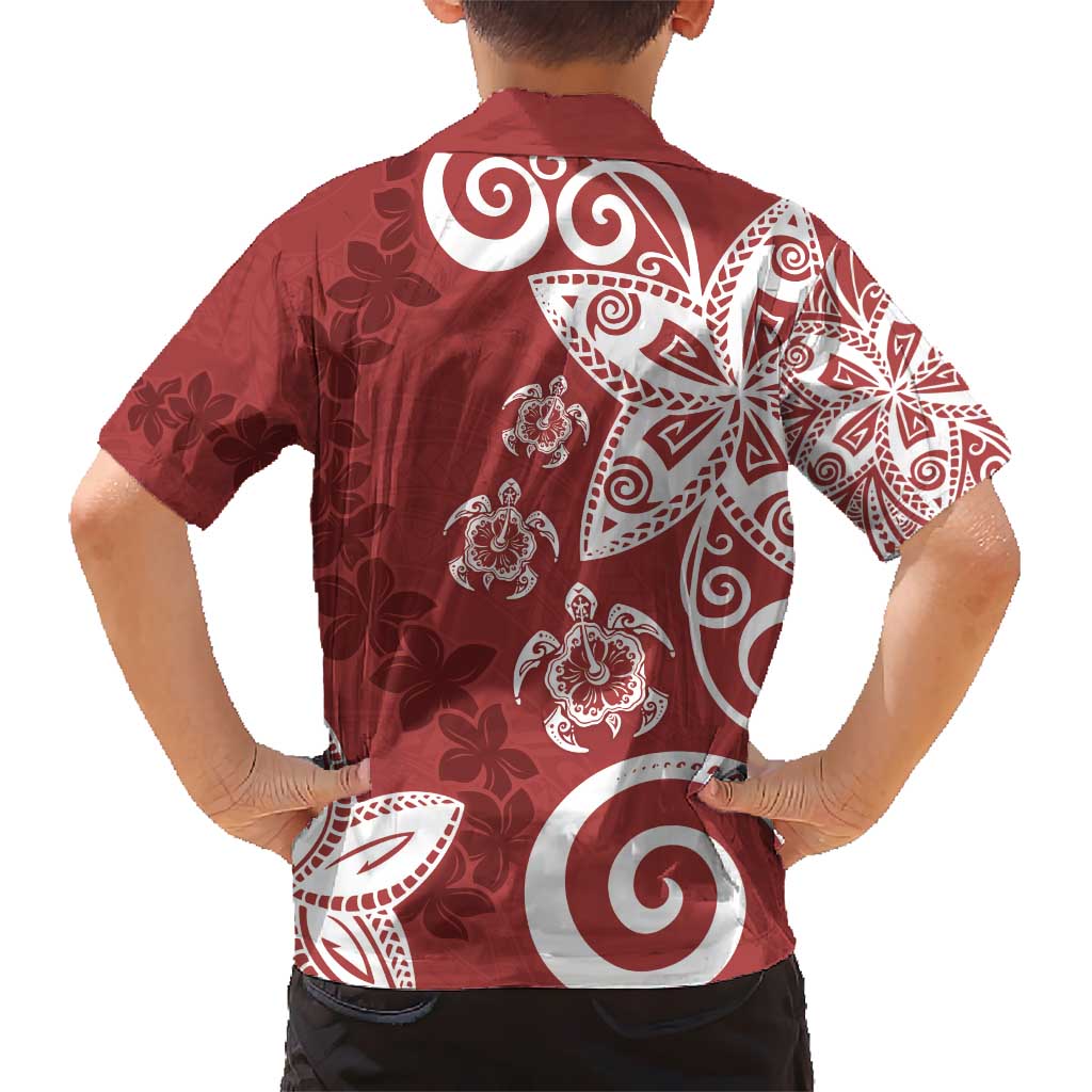 Polynesia Kid Hawaiian Shirt Red Tribal Turtle Floral Pattern