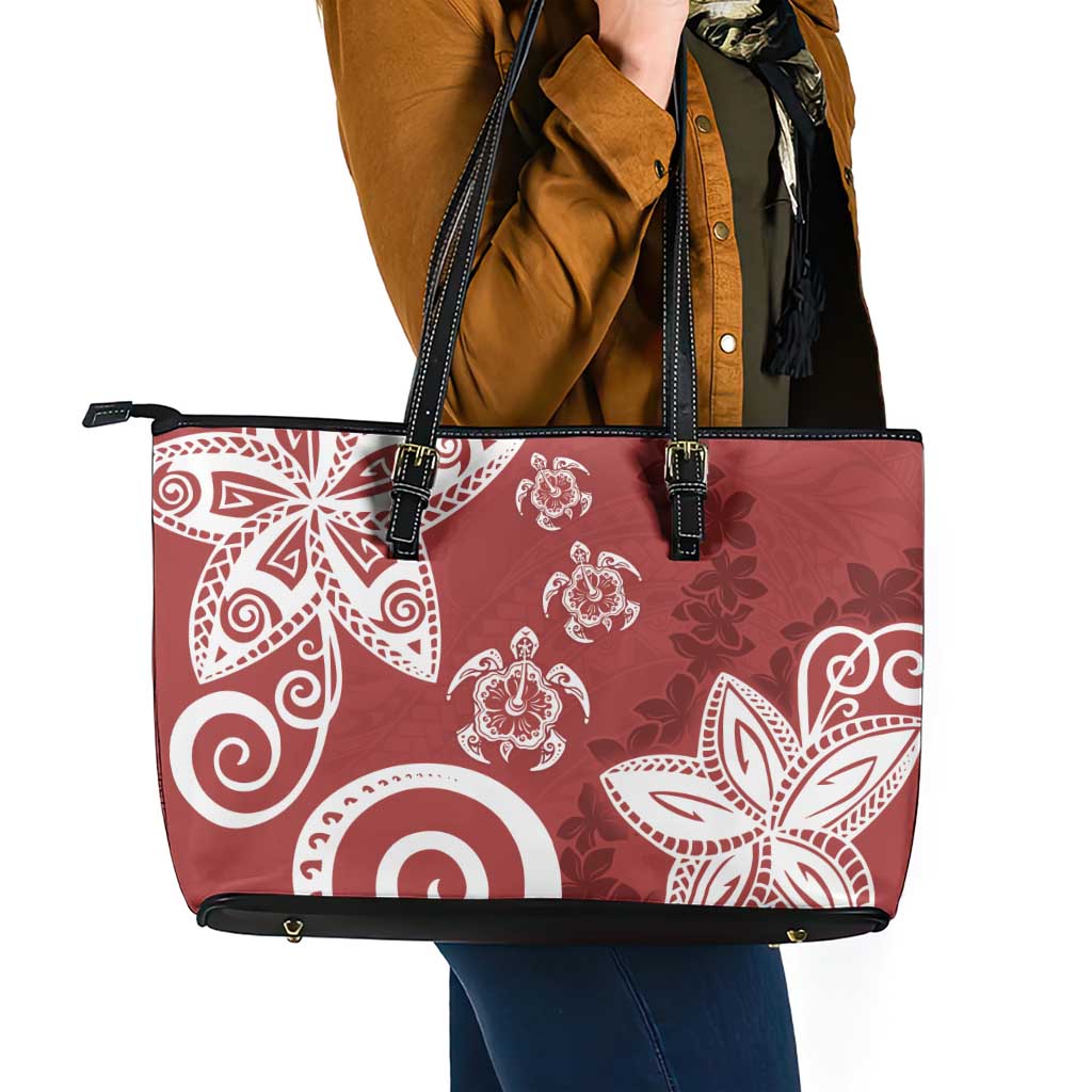 Polynesia Leather Tote Bag Red Tribal Turtle Floral Pattern
