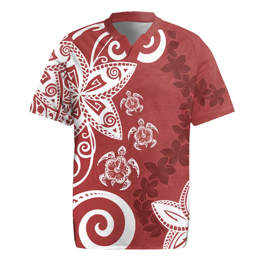 Polynesia Rugby Jersey Red Tribal Turtle Floral Pattern