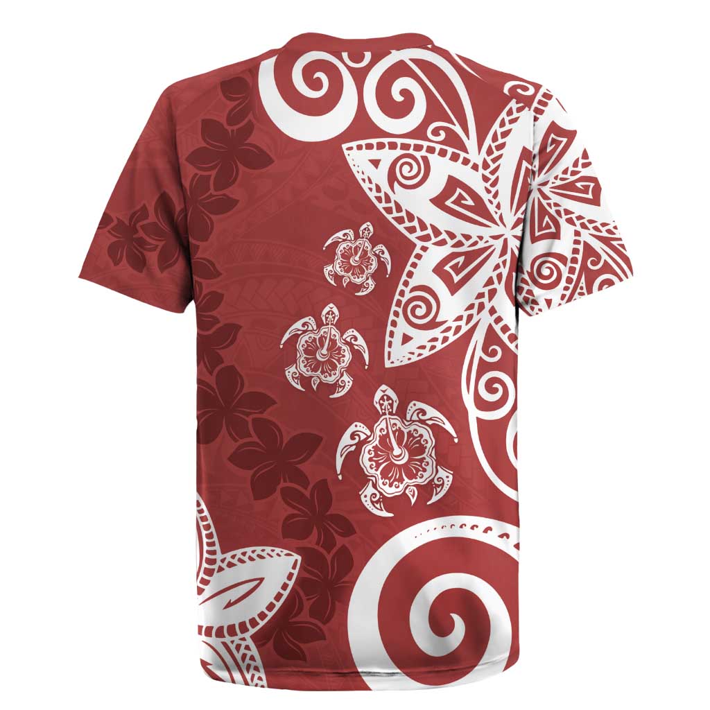 Polynesia Rugby Jersey Red Tribal Turtle Floral Pattern