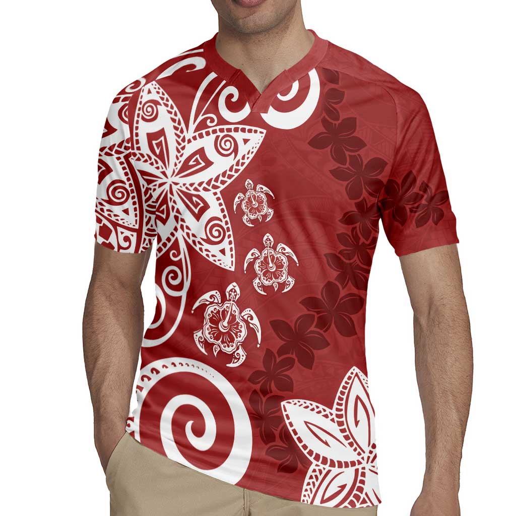 Polynesia Rugby Jersey Red Tribal Turtle Floral Pattern