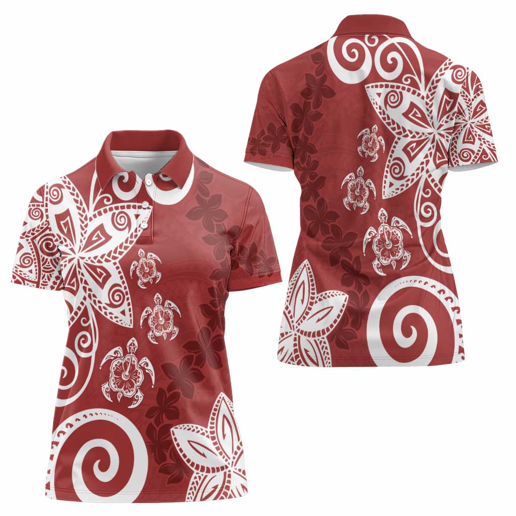 Polynesia Women Polo Shirt Red Tribal Turtle Floral Pattern