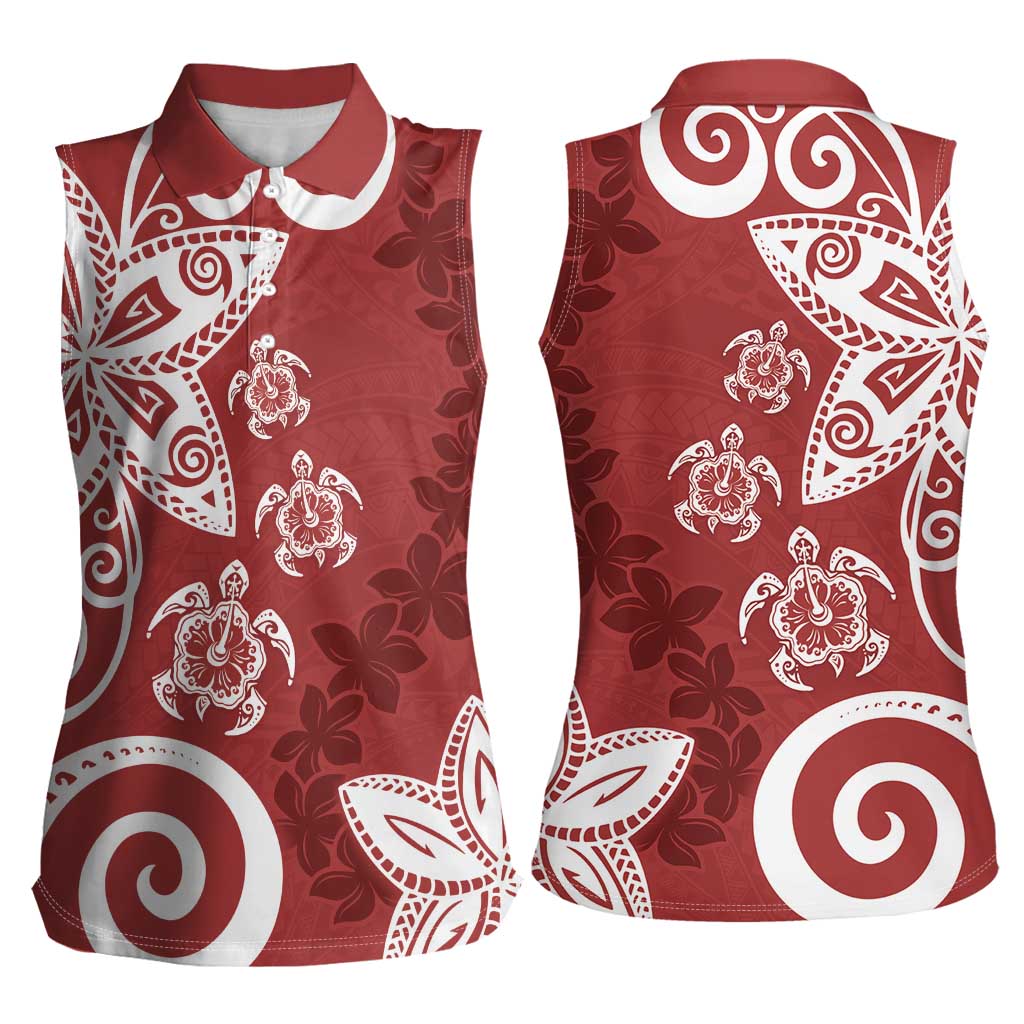 Polynesia Women Sleeveless Polo Shirt Red Tribal Turtle Floral Pattern