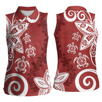 Polynesia Women Sleeveless Polo Shirt Red Tribal Turtle Floral Pattern