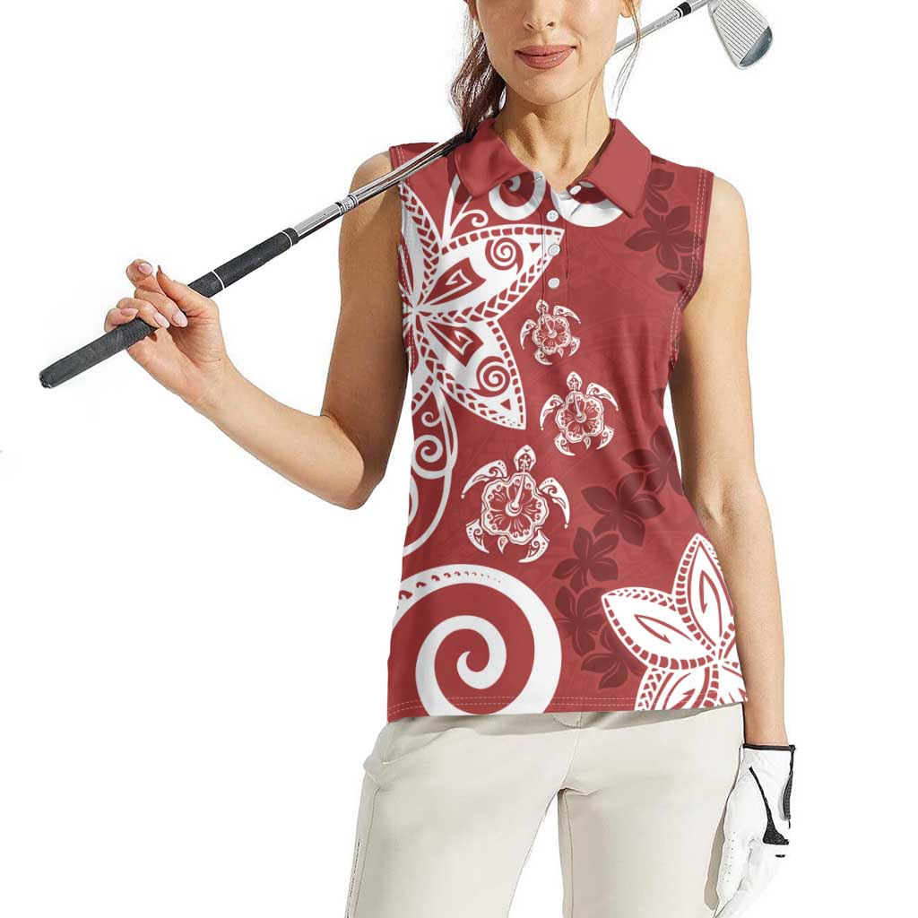 Polynesia Women Sleeveless Polo Shirt Red Tribal Turtle Floral Pattern