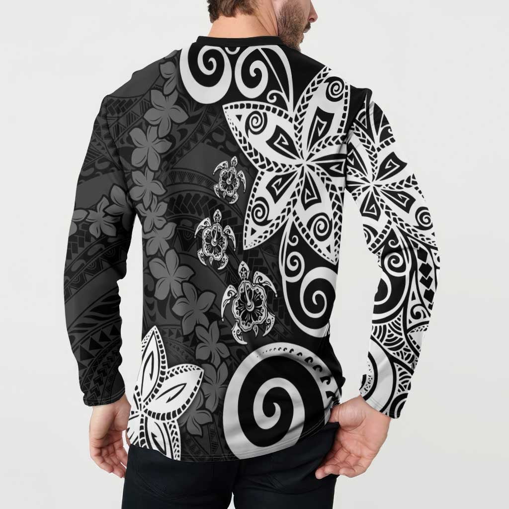 Polynesia Button Sweatshirt Black Tribal Turtle Floral Pattern
