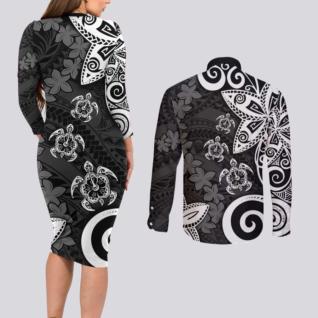 Polynesia Couples Matching Long Sleeve Bodycon Dress and Long Sleeve Button Shirt Black Tribal Turtle Floral Pattern