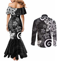 Polynesia Couples Matching Mermaid Dress and Long Sleeve Button Shirt Black Tribal Turtle Floral Pattern