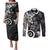 Polynesia Couples Matching Puletasi and Long Sleeve Button Shirt Black Tribal Turtle Floral Pattern