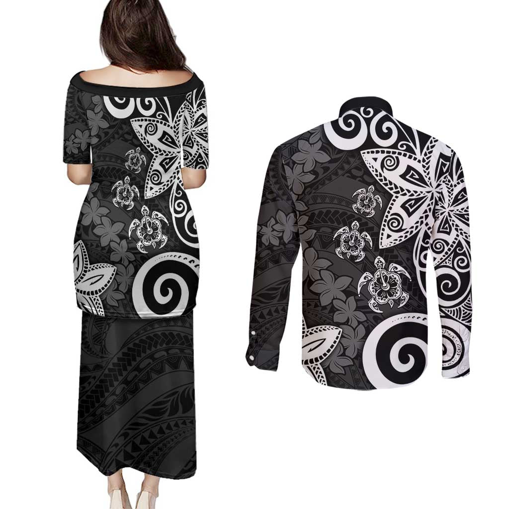 Polynesia Couples Matching Puletasi and Long Sleeve Button Shirt Black Tribal Turtle Floral Pattern