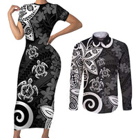 Polynesia Couples Matching Short Sleeve Bodycon Dress and Long Sleeve Button Shirt Black Tribal Turtle Floral Pattern