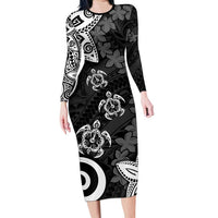 Polynesia Family Matching Long Sleeve Bodycon Dress and Hawaiian Shirt Black Tribal Turtle Floral Pattern