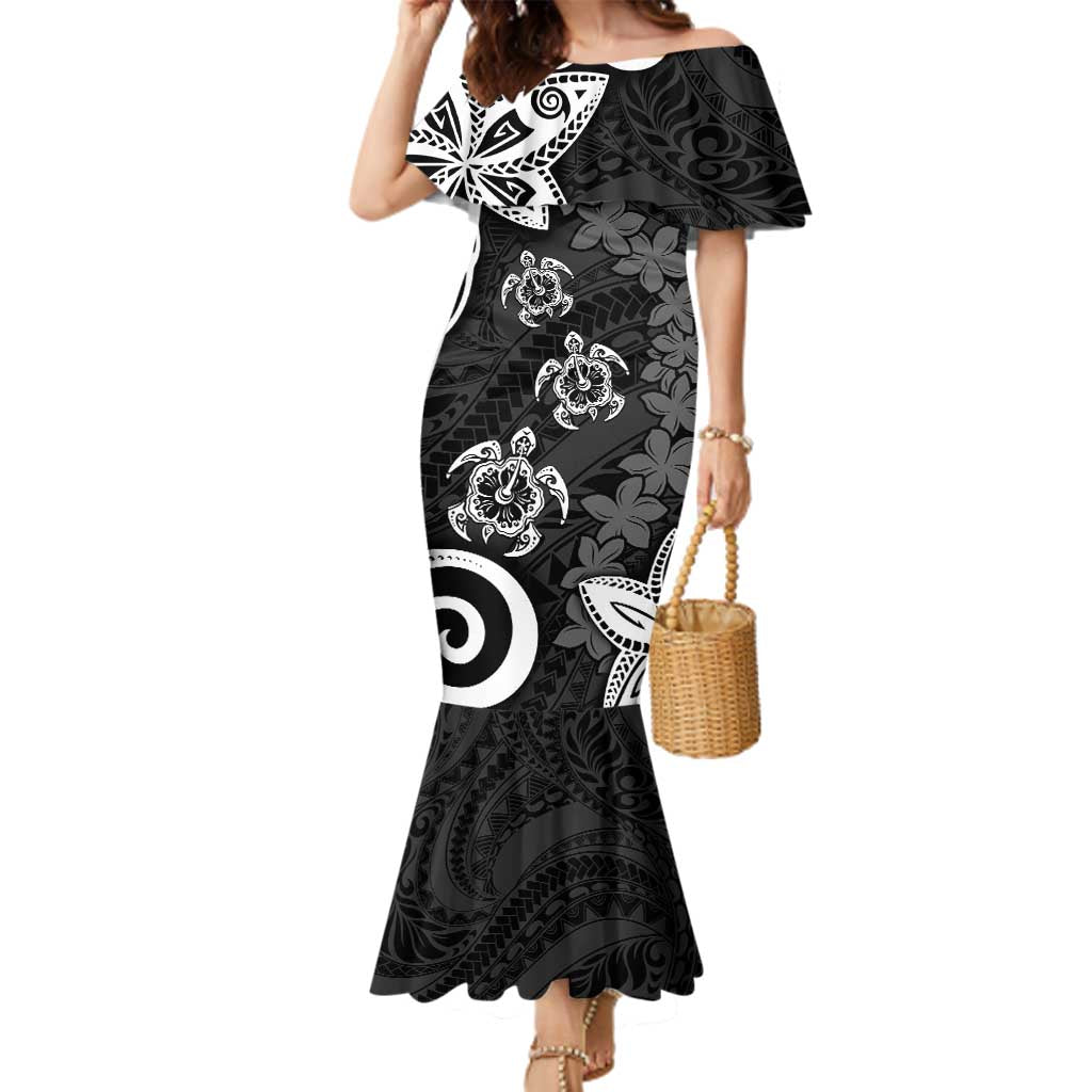 Polynesia Family Matching Mermaid Dress and Hawaiian Shirt Black Tribal Turtle Floral Pattern