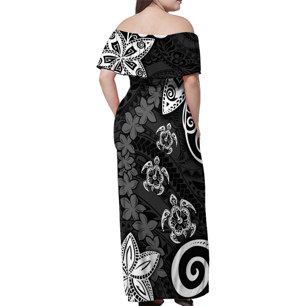 Polynesia Family Matching Off Shoulder Maxi Dress and Hawaiian Shirt Black Tribal Turtle Floral Pattern