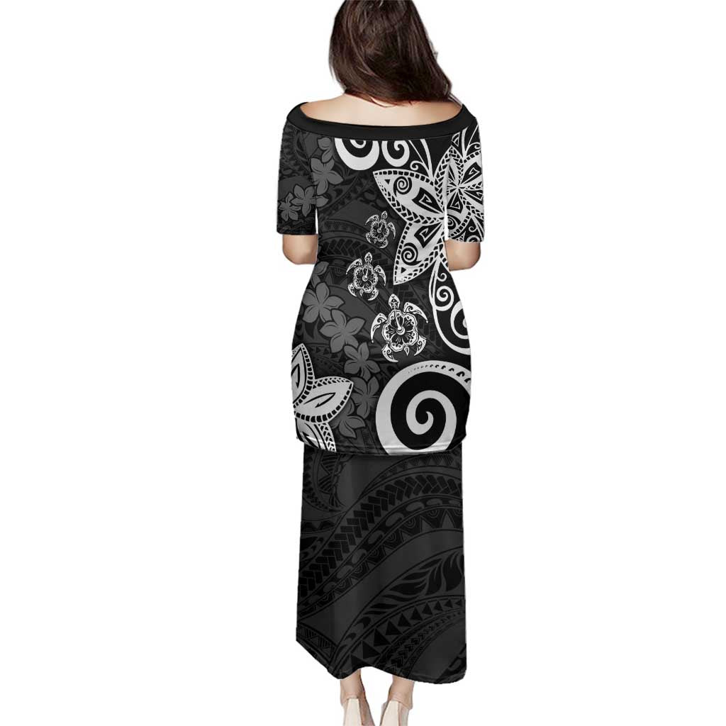 Polynesia Family Matching Puletasi and Hawaiian Shirt Black Tribal Turtle Floral Pattern