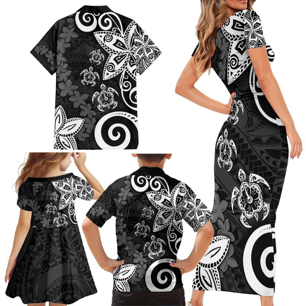 Polynesia Family Matching Short Sleeve Bodycon Dress and Hawaiian Shirt Black Tribal Turtle Floral Pattern
