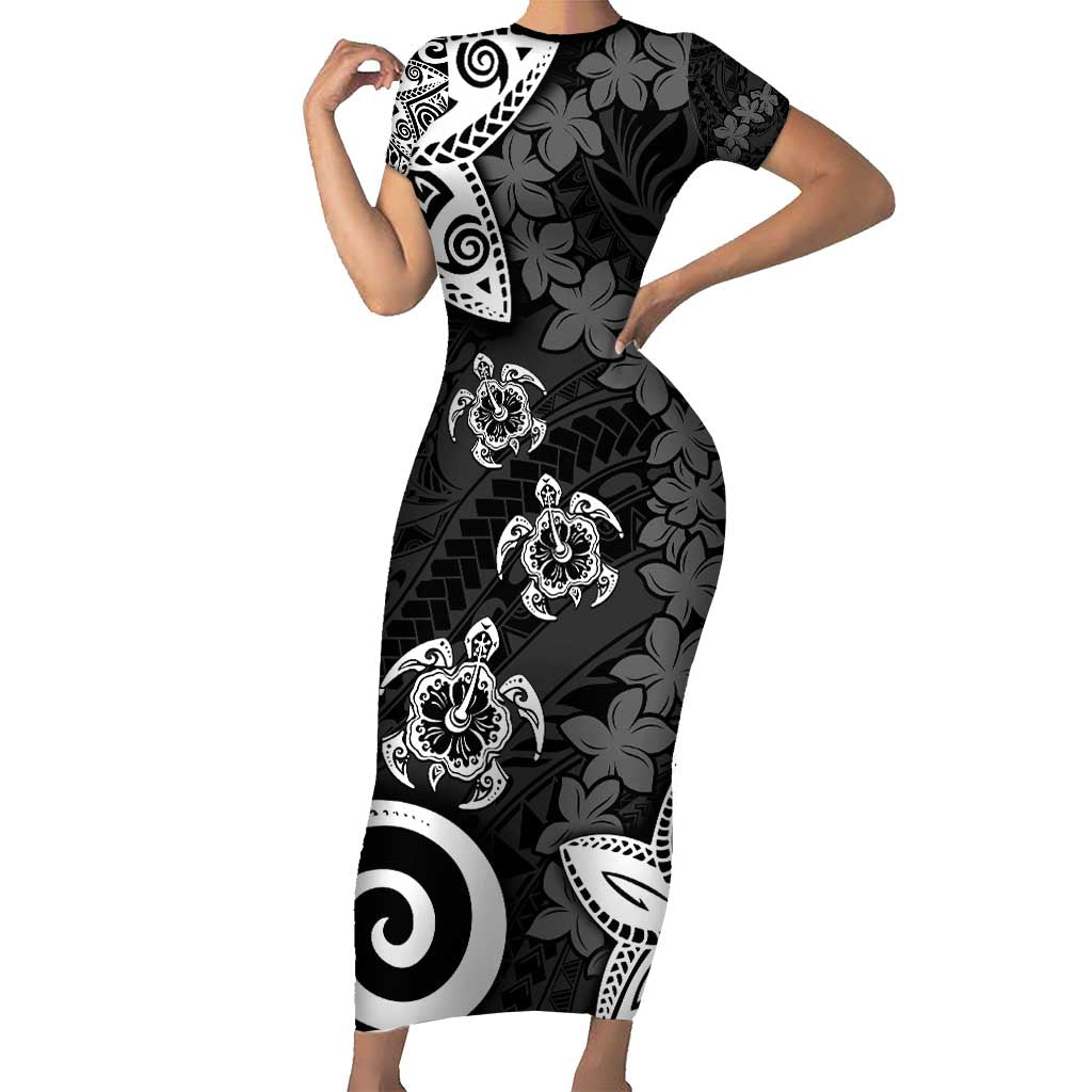 Polynesia Family Matching Short Sleeve Bodycon Dress and Hawaiian Shirt Black Tribal Turtle Floral Pattern