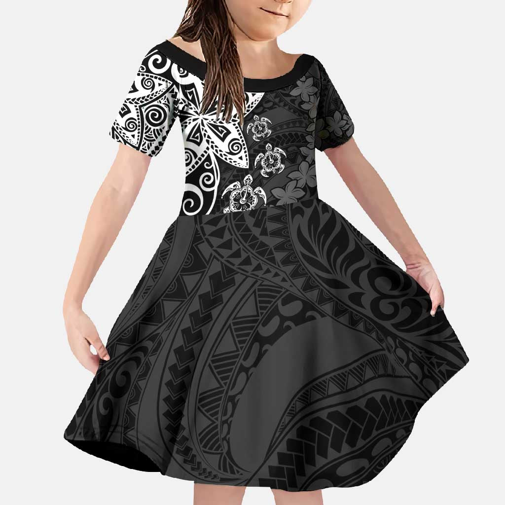 Polynesia Family Matching Tank Maxi Dress and Hawaiian Shirt Black Tribal Turtle Floral Pattern LT05 Daughter's Dress Black - Polynesian Pride