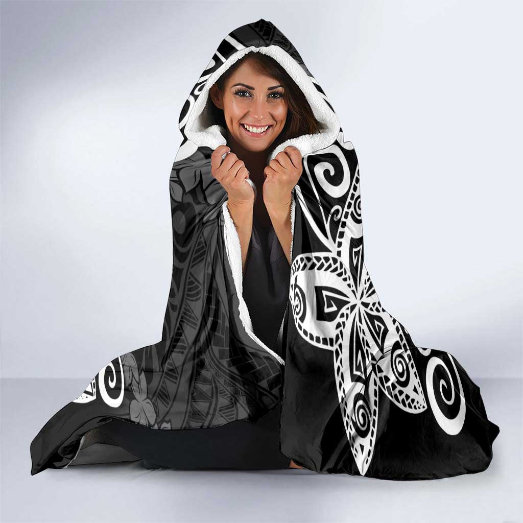 Polynesia Hooded Blanket Black Tribal Turtle Floral Pattern