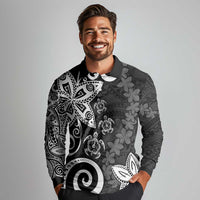 Polynesia Long Sleeve Polo Shirt Black Tribal Turtle Floral Pattern