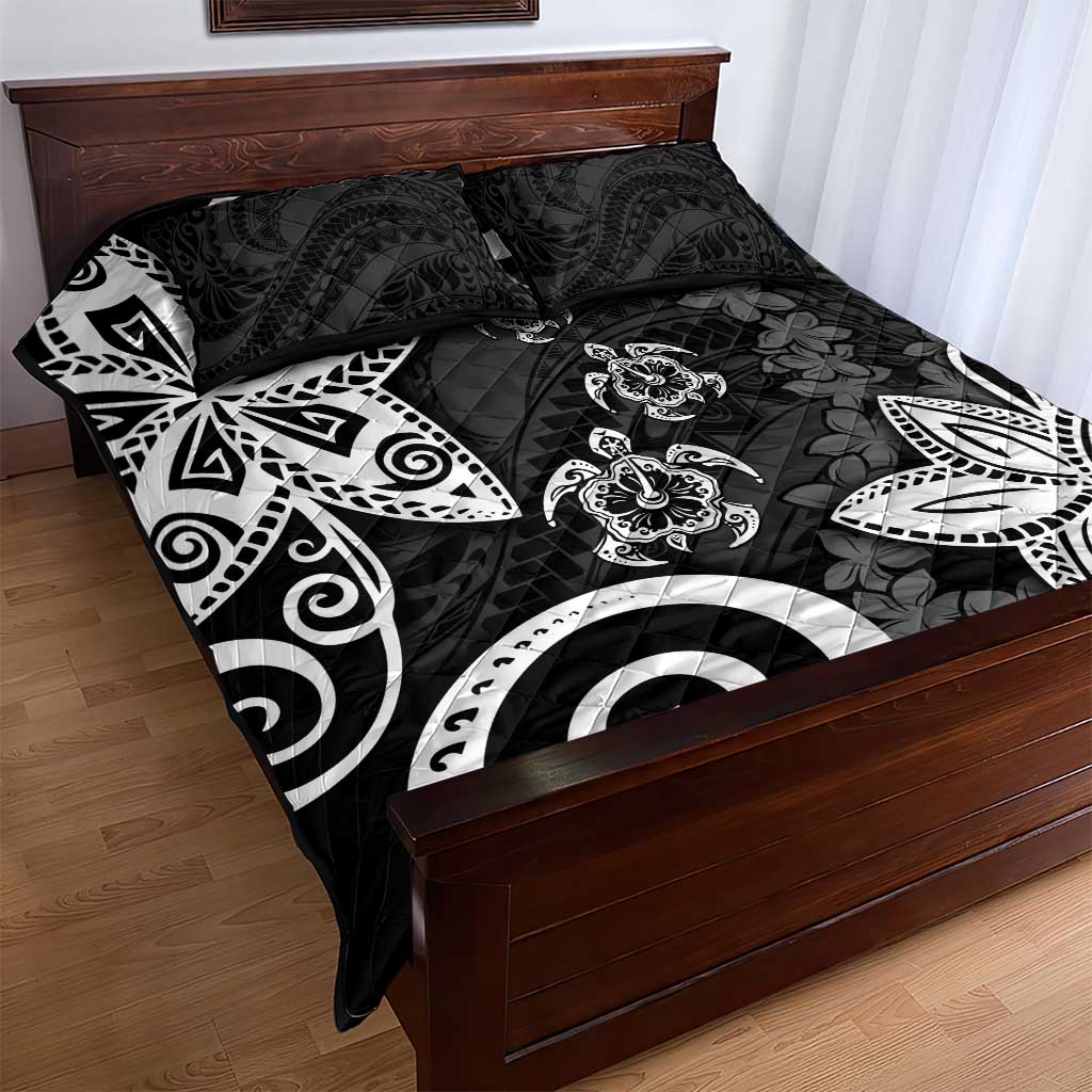 Polynesia Quilt Bed Set Black Tribal Turtle Floral Pattern