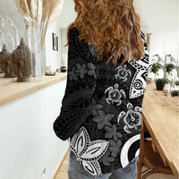 Polynesia Women Casual Shirt Black Tribal Turtle Floral Pattern