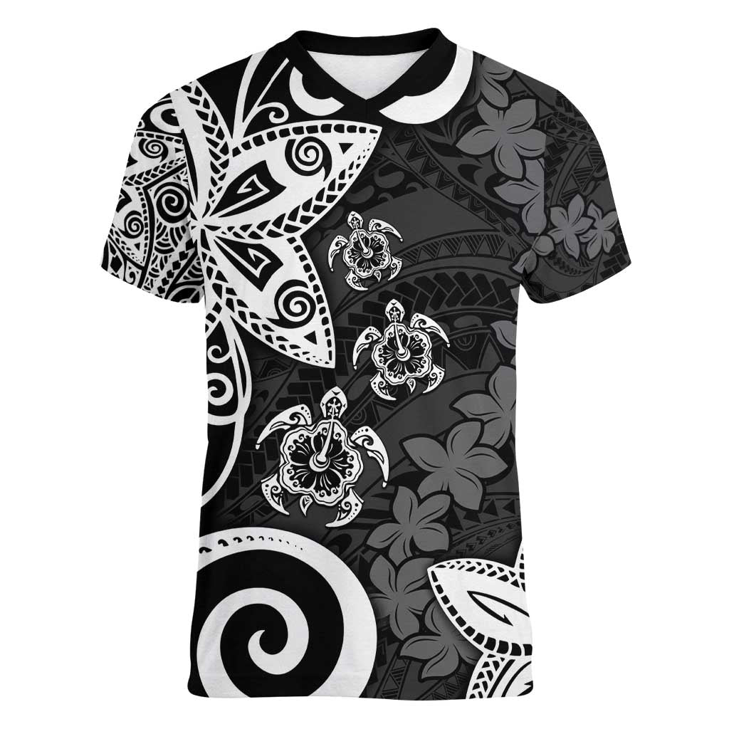 Polynesia Women V-Neck T-Shirt Black Tribal Turtle Floral Pattern
