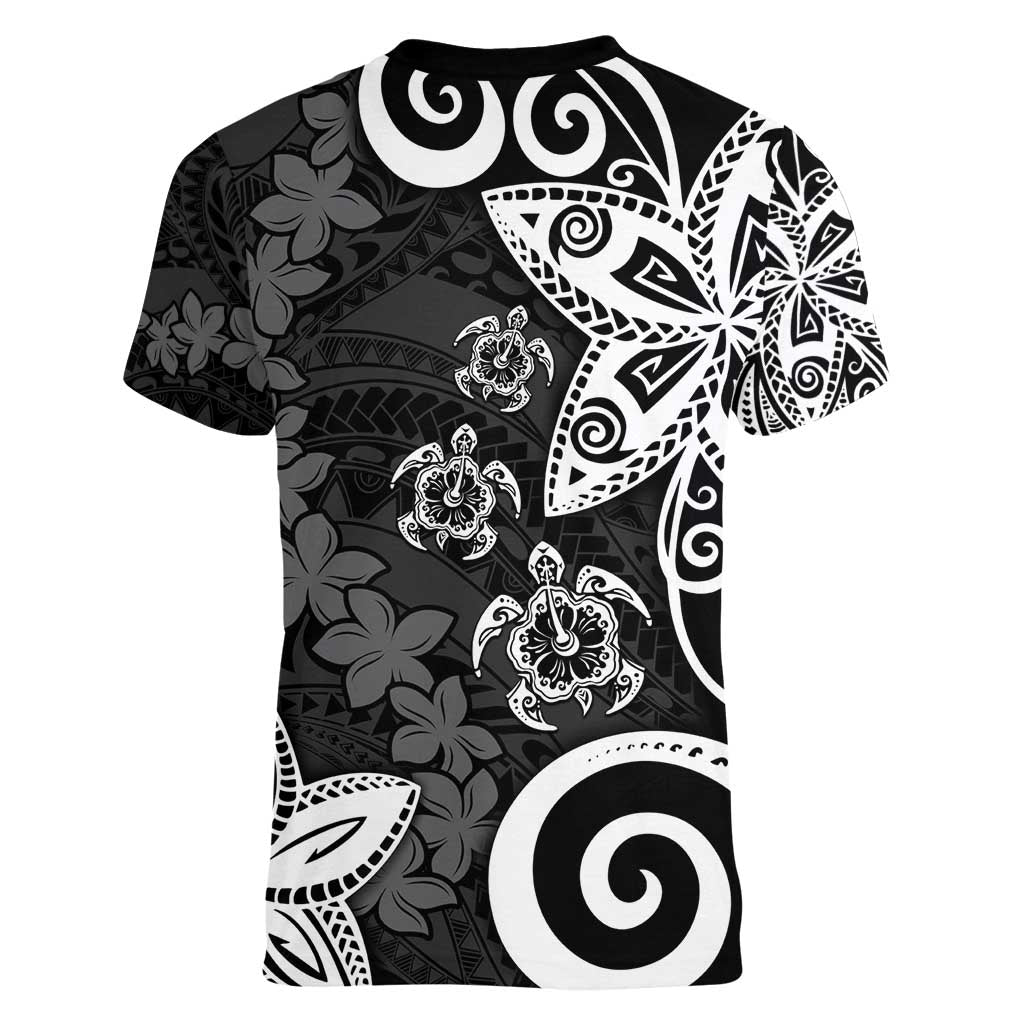 Polynesia Women V-Neck T-Shirt Black Tribal Turtle Floral Pattern