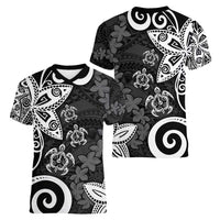 Polynesia Women V-Neck T-Shirt Black Tribal Turtle Floral Pattern