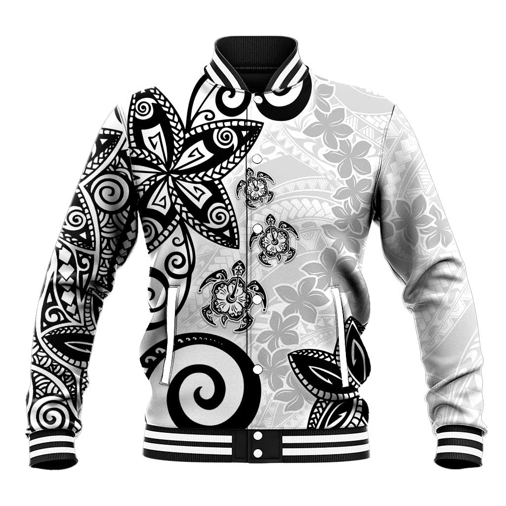 Polynesia Baseball Jacket White Tribal Turtle Floral Pattern