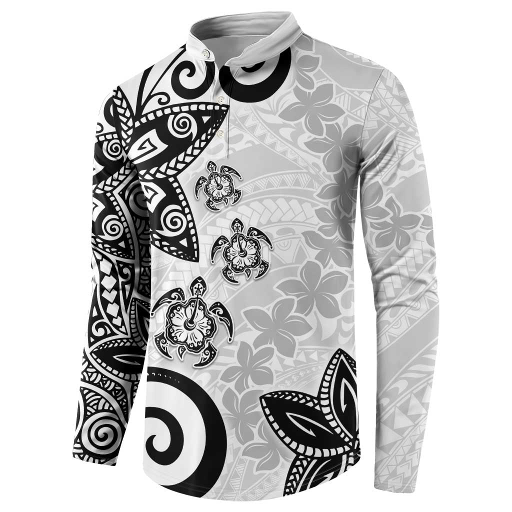 Polynesia Button Sweatshirt White Tribal Turtle Floral Pattern