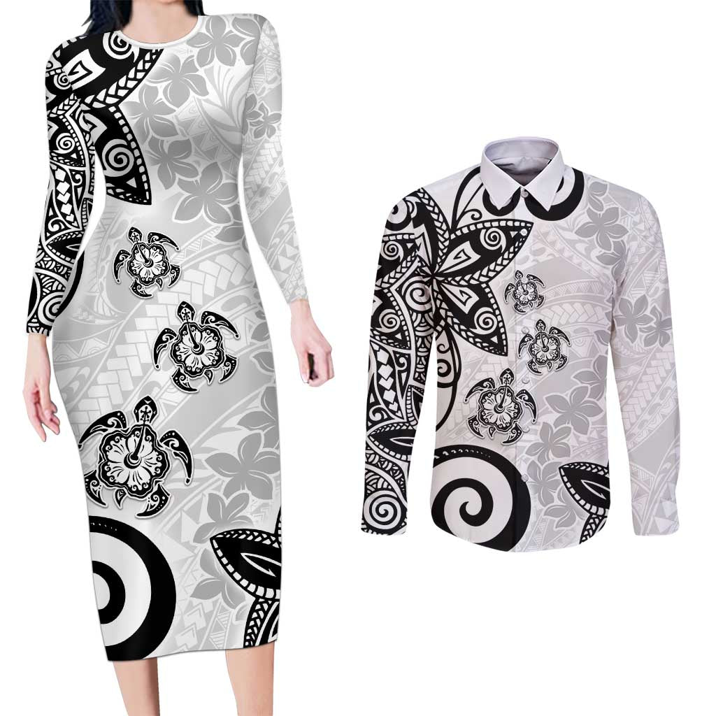 Polynesia Couples Matching Long Sleeve Bodycon Dress and Long Sleeve Button Shirt White Tribal Turtle Floral Pattern LT05 White - Polynesian Pride