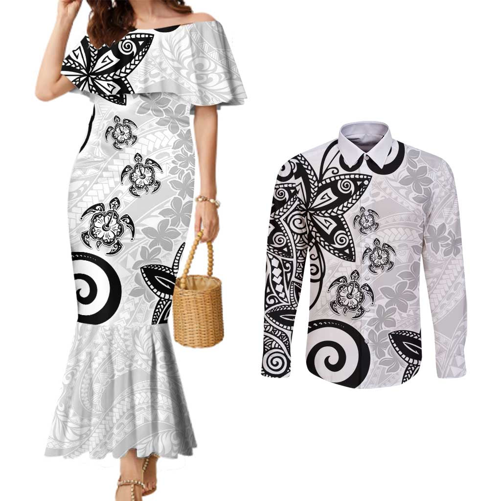 Polynesia Couples Matching Mermaid Dress and Long Sleeve Button Shirt White Tribal Turtle Floral Pattern LT05 White - Polynesian Pride