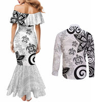 Polynesia Couples Matching Mermaid Dress and Long Sleeve Button Shirt White Tribal Turtle Floral Pattern