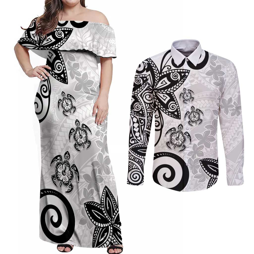 Polynesia Couples Matching Off Shoulder Maxi Dress and Long Sleeve Button Shirt White Tribal Turtle Floral Pattern