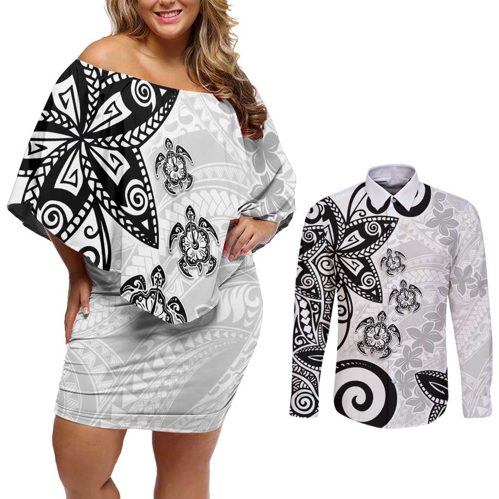 Polynesia Couples Matching Off Shoulder Short Dress and Long Sleeve Button Shirt White Tribal Turtle Floral Pattern LT05 White - Polynesian Pride