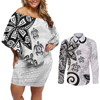 Polynesia Couples Matching Off Shoulder Short Dress and Long Sleeve Button Shirt White Tribal Turtle Floral Pattern