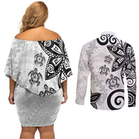 Polynesia Couples Matching Off Shoulder Short Dress and Long Sleeve Button Shirt White Tribal Turtle Floral Pattern