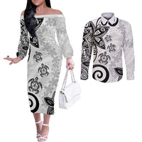 Polynesia Couples Matching Off The Shoulder Long Sleeve Dress and Long Sleeve Button Shirt White Tribal Turtle Floral Pattern