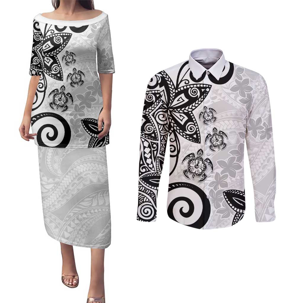 Polynesia Couples Matching Puletasi and Long Sleeve Button Shirt White Tribal Turtle Floral Pattern LT05 White - Polynesian Pride