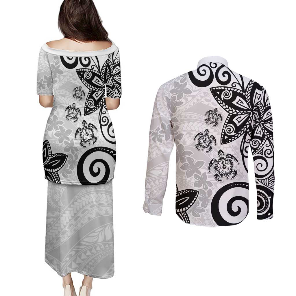 Polynesia Couples Matching Puletasi and Long Sleeve Button Shirt White Tribal Turtle Floral Pattern