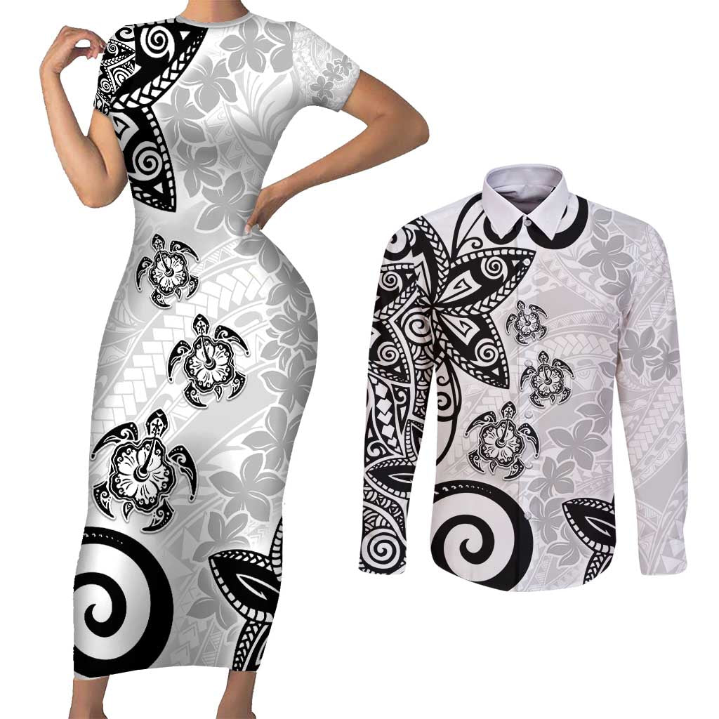 Polynesia Couples Matching Short Sleeve Bodycon Dress and Long Sleeve Button Shirt White Tribal Turtle Floral Pattern LT05 White - Polynesian Pride